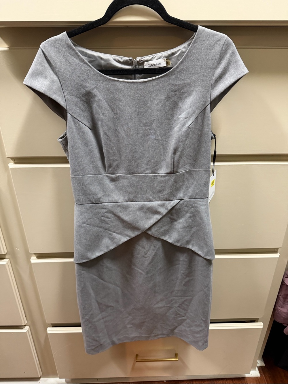 Calvin Klein Light Grey Cap-Sleeve Peplum Sheath Dress